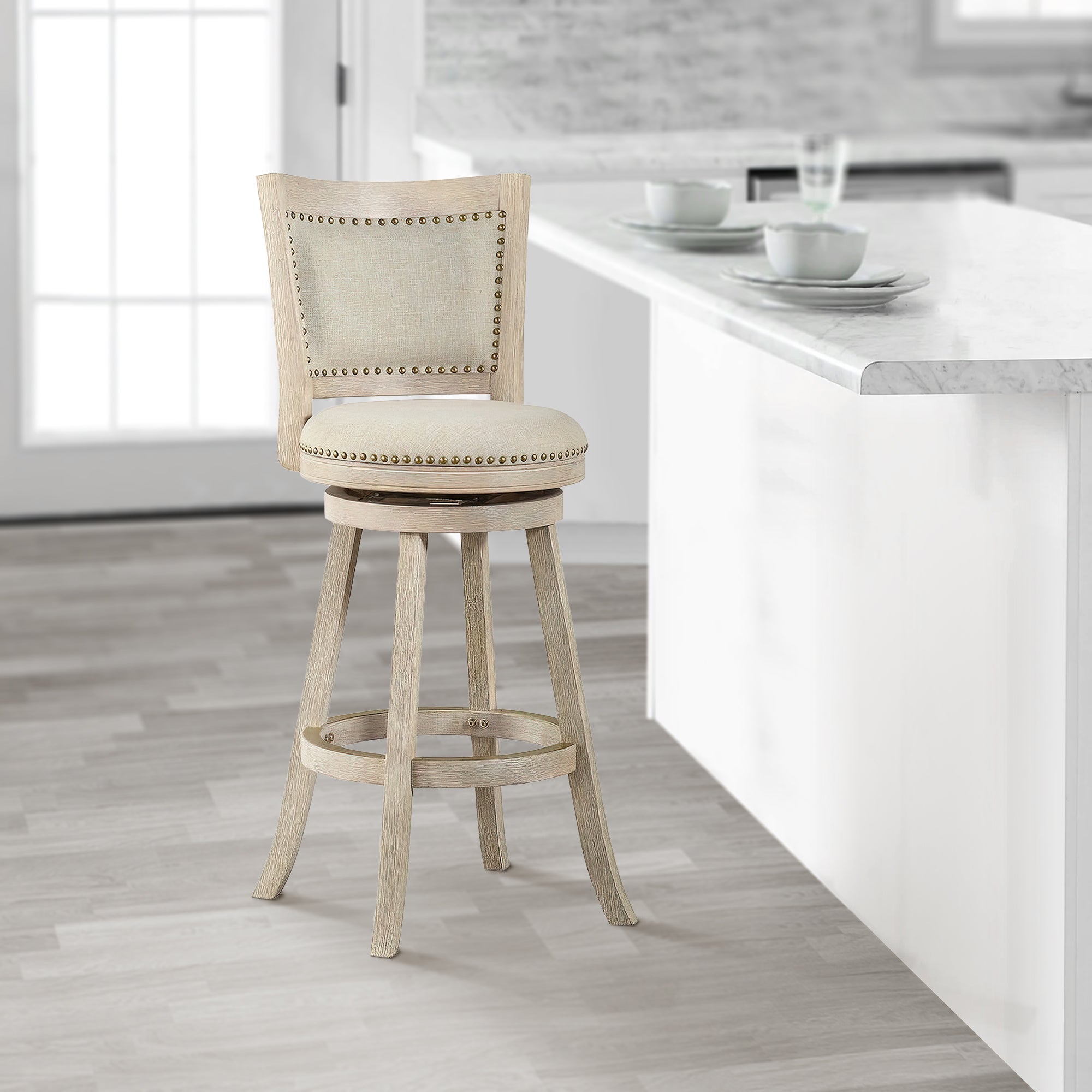 Benjara 29 Inch Curved Back Wooden Swivel Bar Stool With Nailhead Trim, Gray