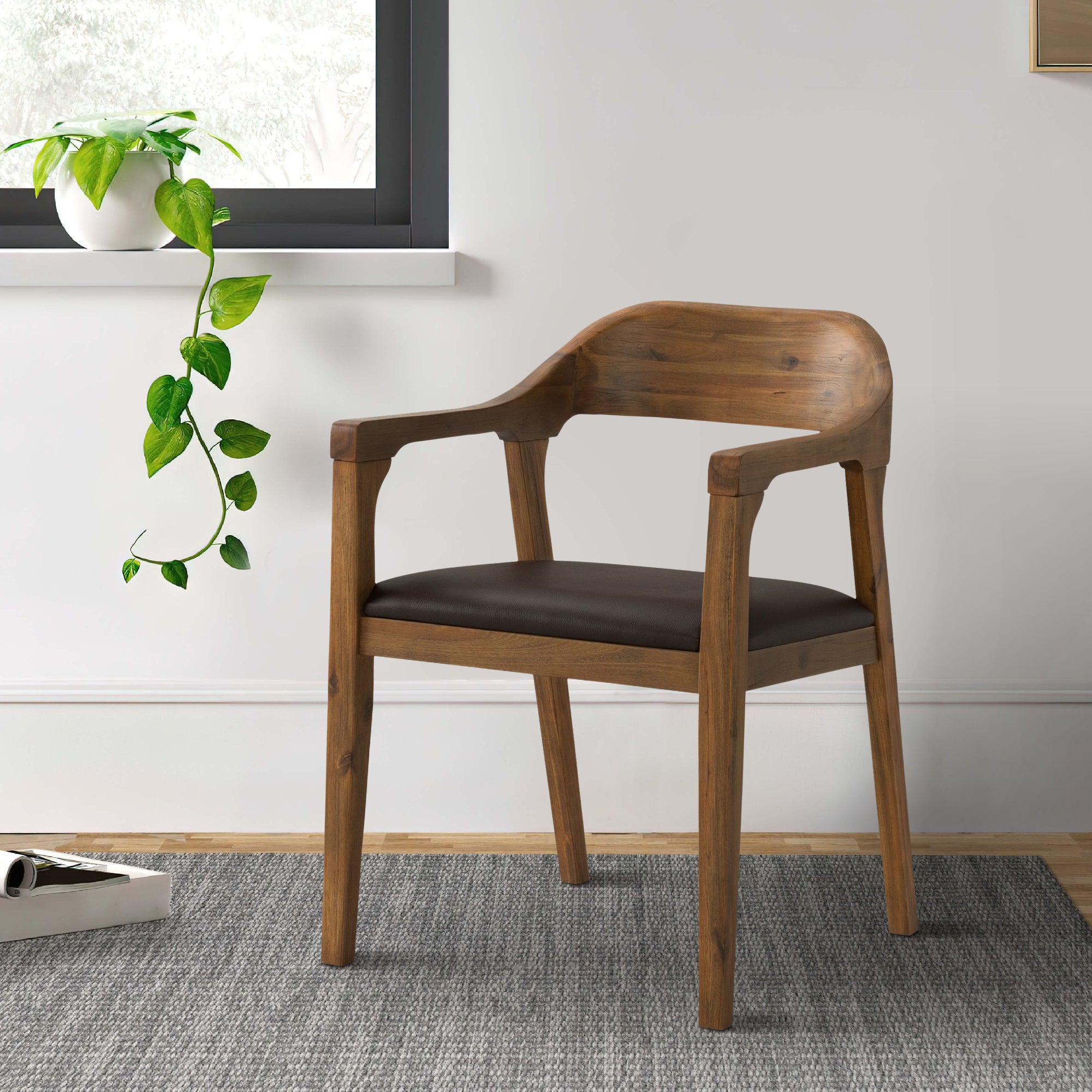 Benjara Curved Panel Back Dining Chair With Sleek Track Arms, Brown
