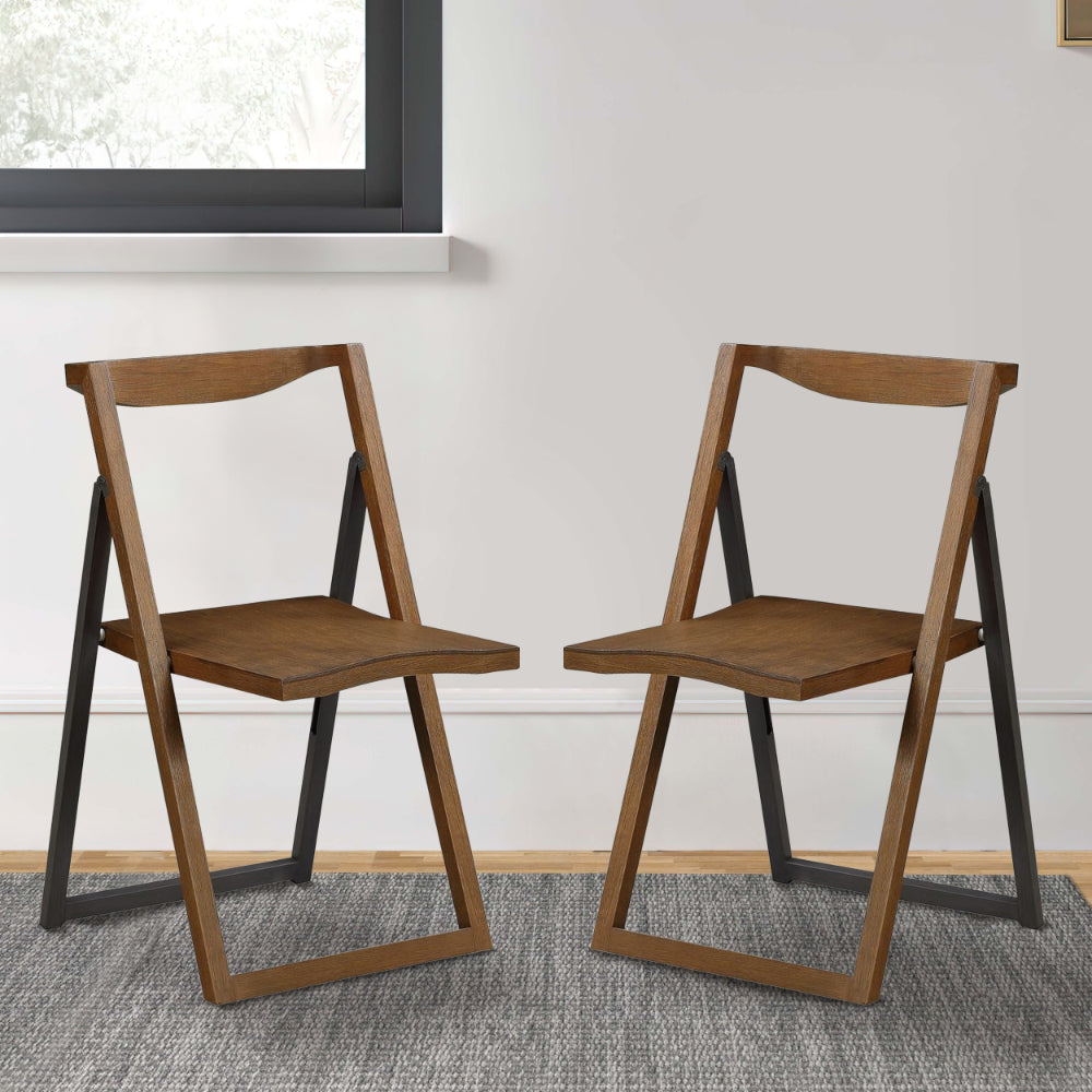 Benjara Curved Trim Panel Back Foldable Chair, Set Of 2, Brown