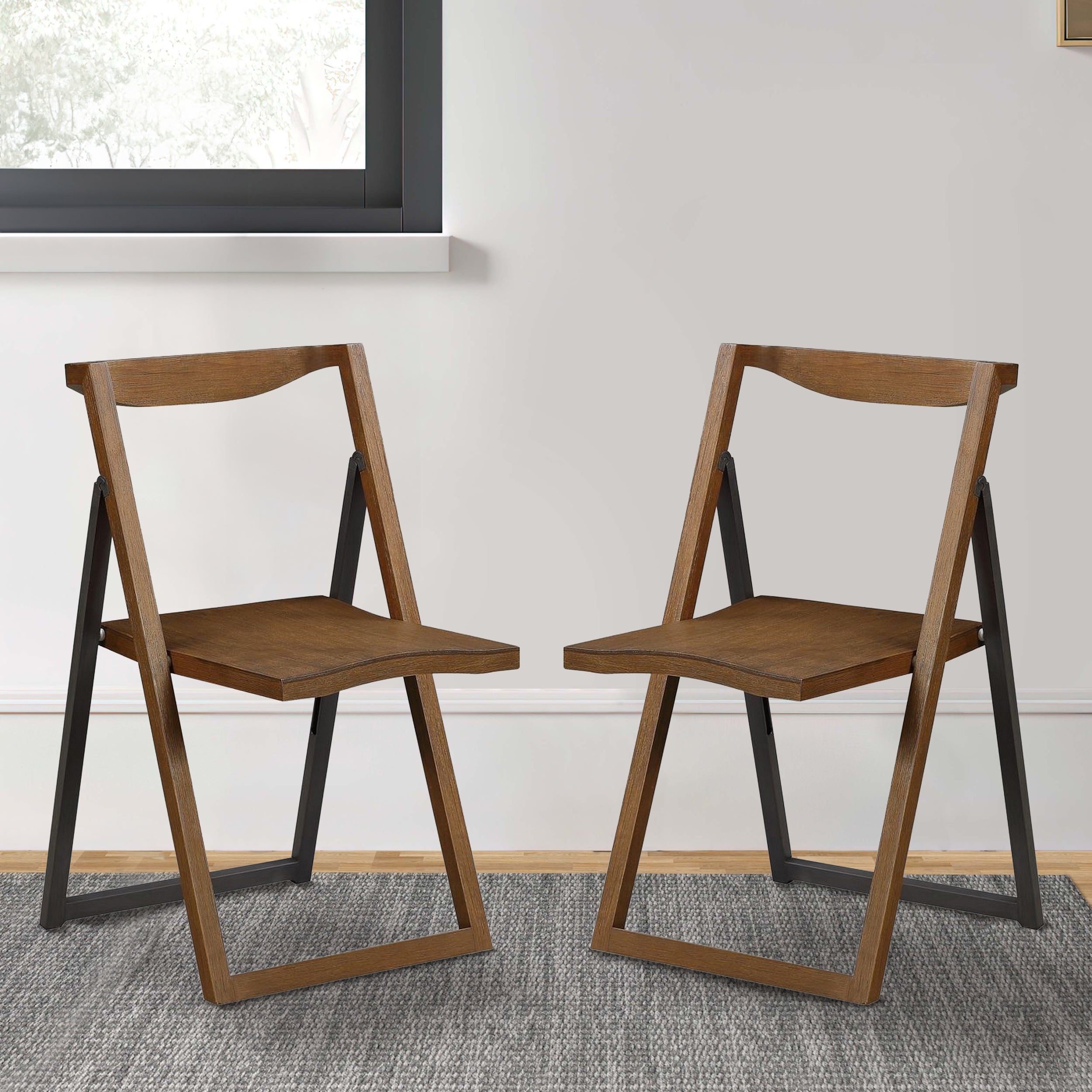 Benjara Curved Trim Panel Back Foldable Chair, Set Of 2, Brown