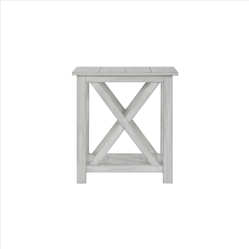 Benjara 1 Open Shelf Wooden End Table With X Shaped Accents, White