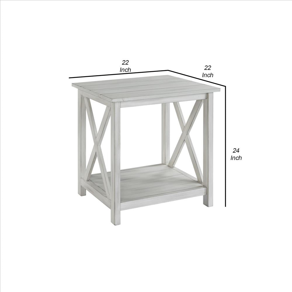 Benjara 1 Open Shelf Wooden End Table With X Shaped Accents, White