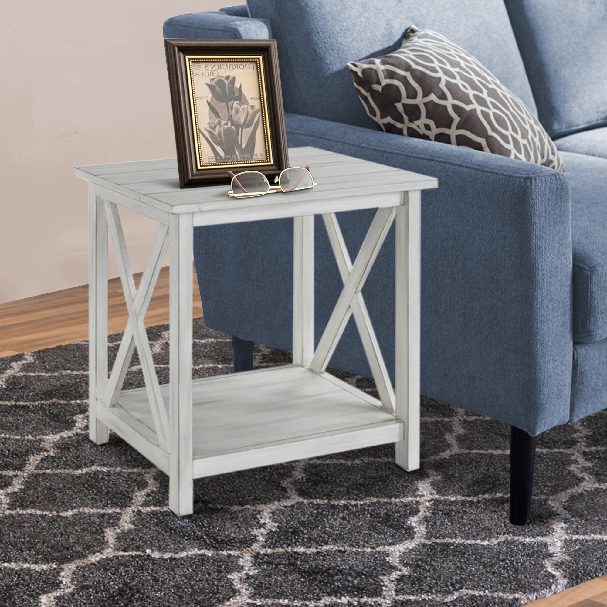 Benjara 1 Open Shelf Wooden End Table With X Shaped Accents, White