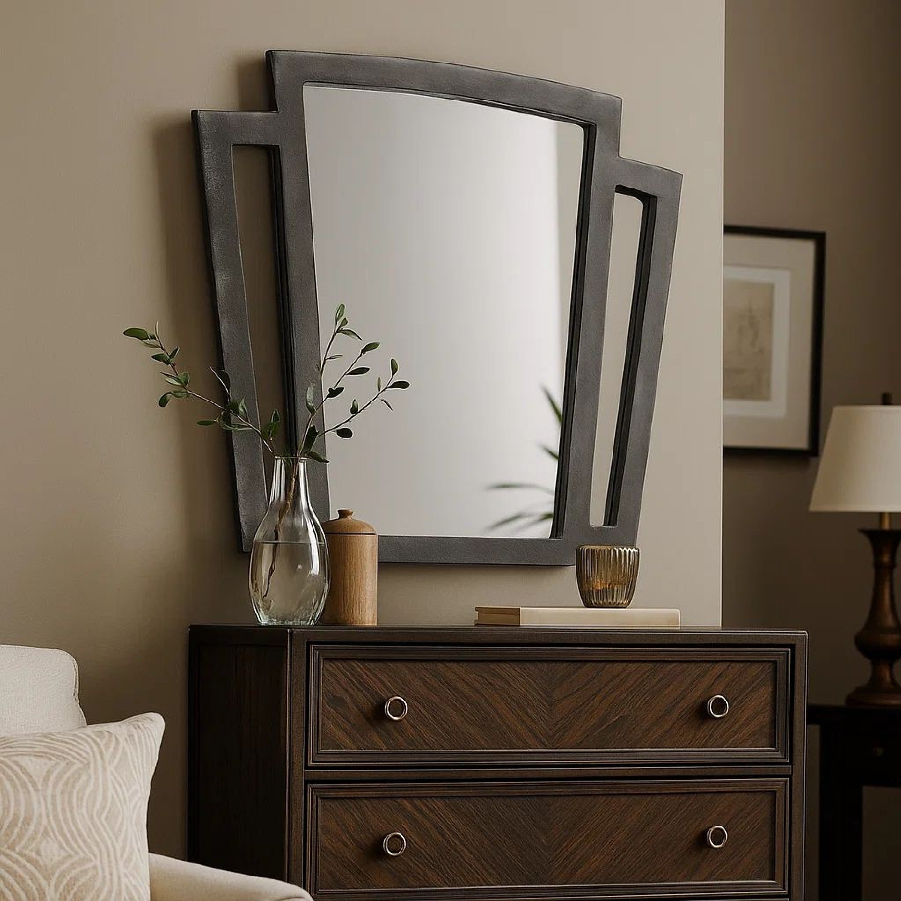 Benjara Tapered Fabric Frame Mirror With Mounting Hardware, Dark Gray