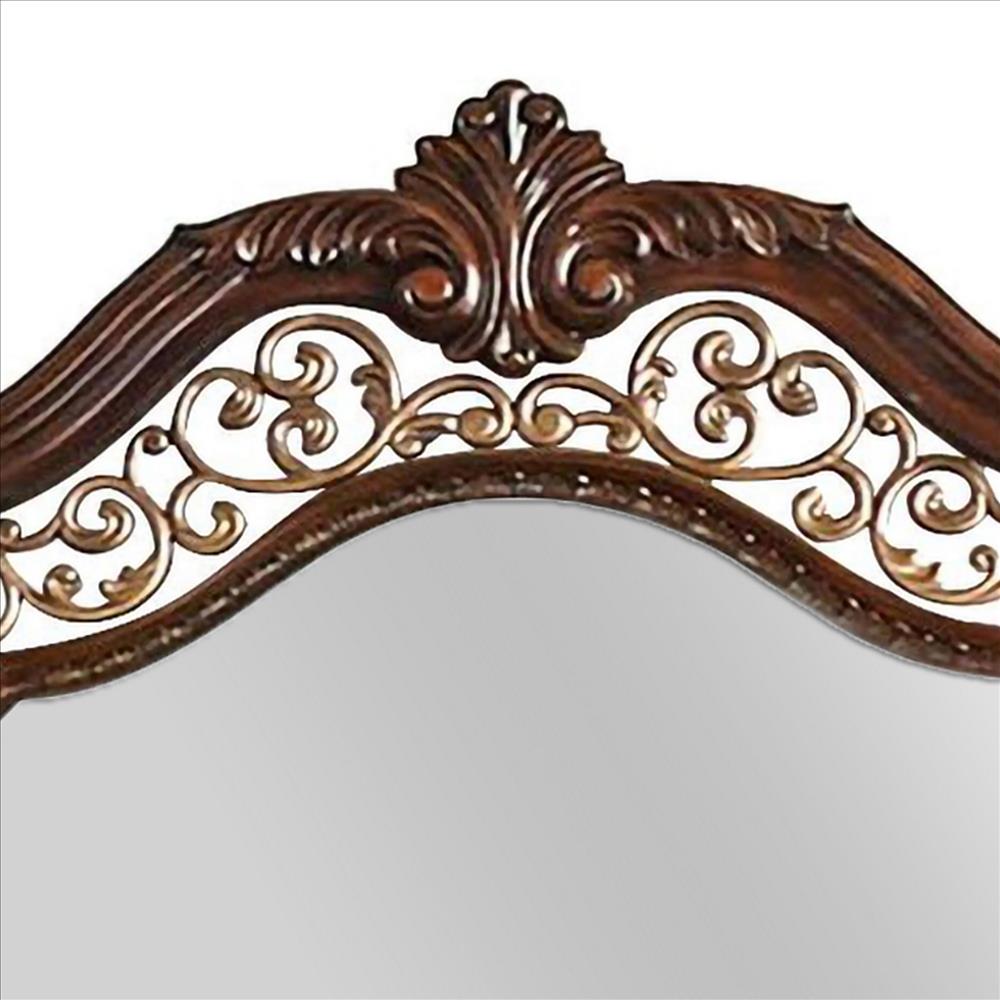 Benjara Molded Wooden Frame Mirror With Ornate Detailing, Brown By Casagear Home