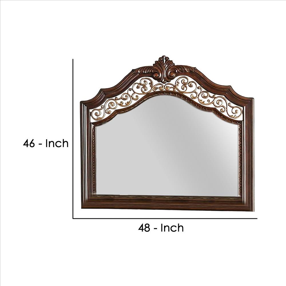 Benjara Molded Wooden Frame Mirror With Ornate Detailing, Brown By Casagear Home