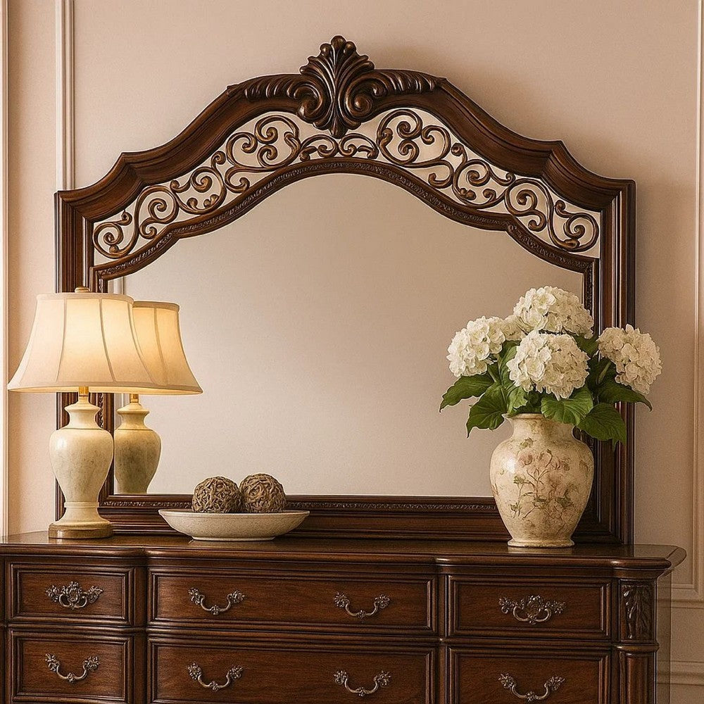 Benjara Molded Wooden Frame Mirror With Ornate Detailing, Brown By Casagear Home