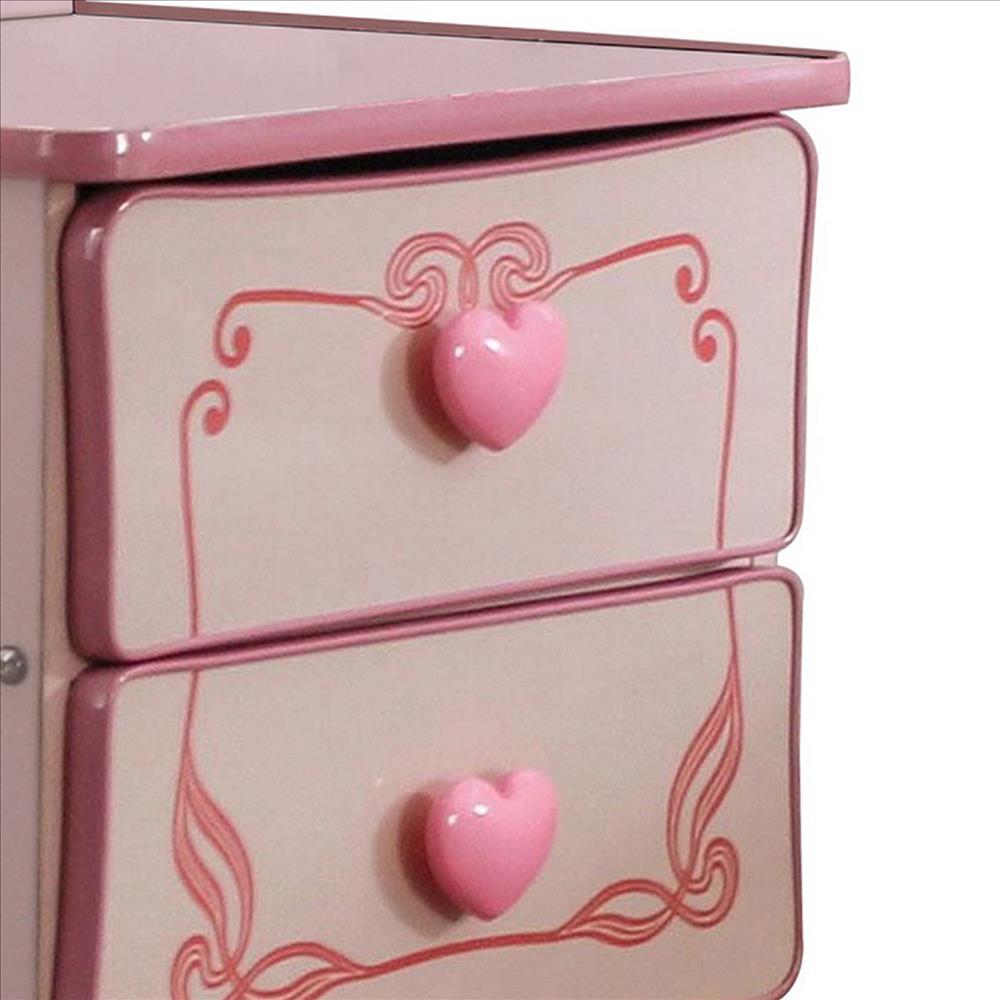 Benjara 2 Drawer Wooden Nightstand With Heart Knob Pulls, Pink