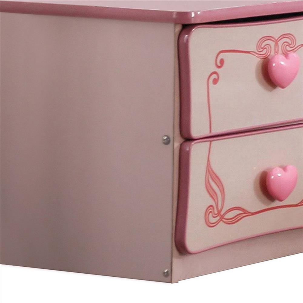 Benjara 2 Drawer Wooden Nightstand With Heart Knob Pulls, Pink