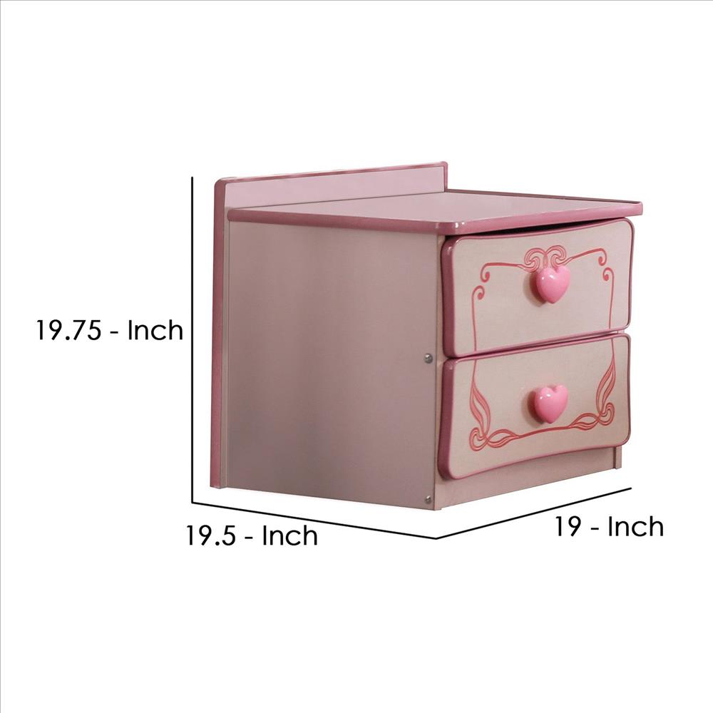 Benjara 2 Drawer Wooden Nightstand With Heart Knob Pulls, Pink