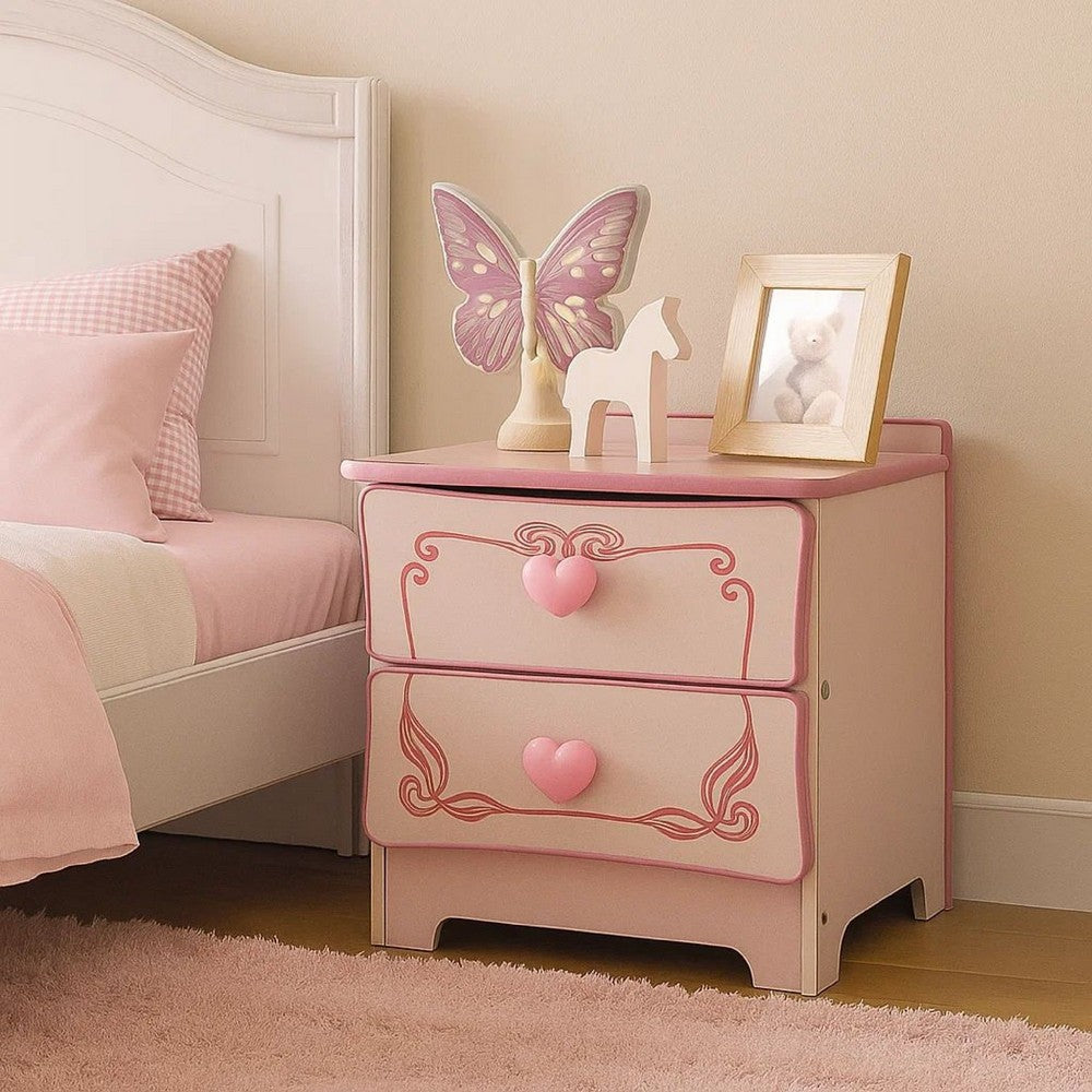 Benjara 2 Drawer Wooden Nightstand With Heart Knob Pulls, Pink