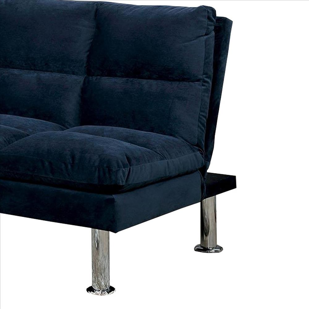 Benjara Futon Sofa With Tufted Padded Seating And Metal Legs, Blue