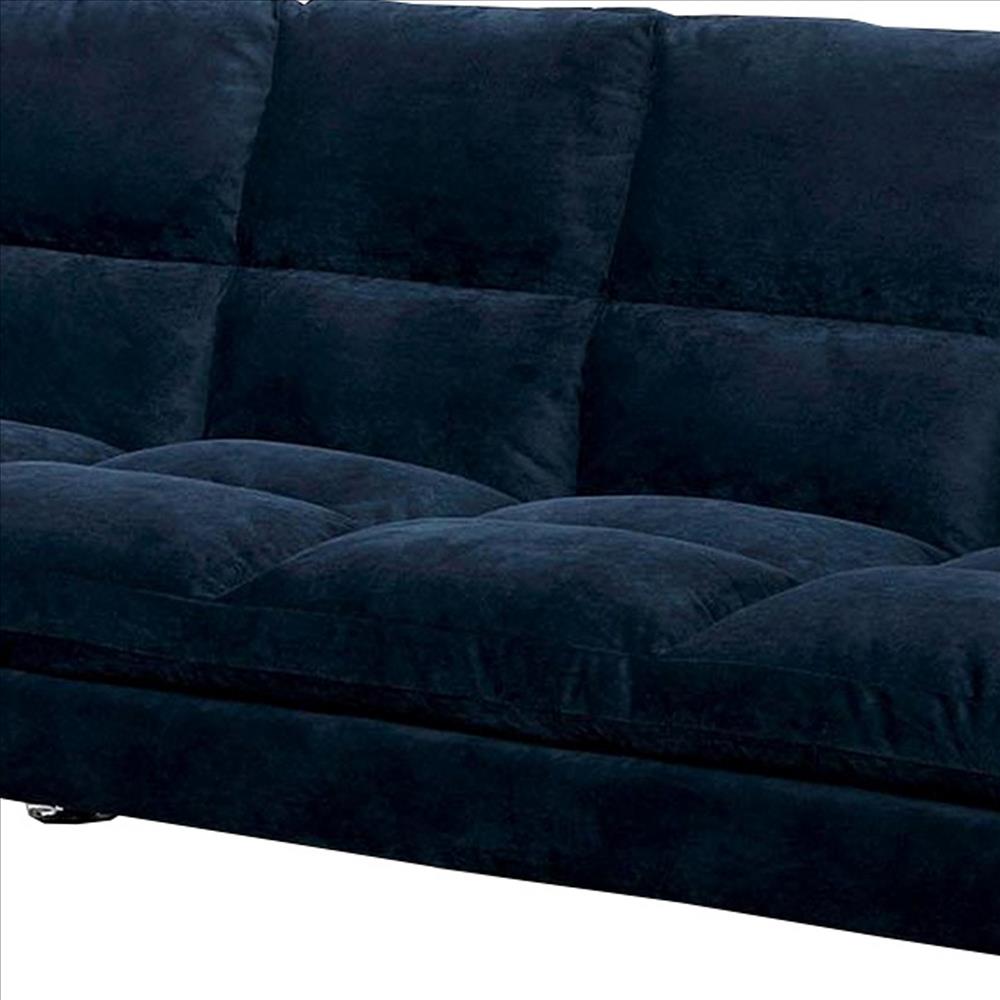 Benjara Futon Sofa With Tufted Padded Seating And Metal Legs, Blue
