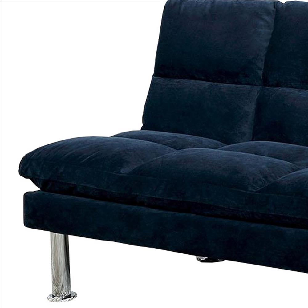 Benjara Futon Sofa With Tufted Padded Seating And Metal Legs, Blue