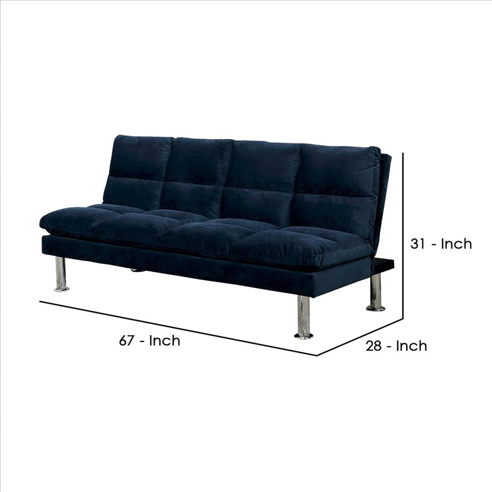 Benjara Futon Sofa With Tufted Padded Seating And Metal Legs, Blue