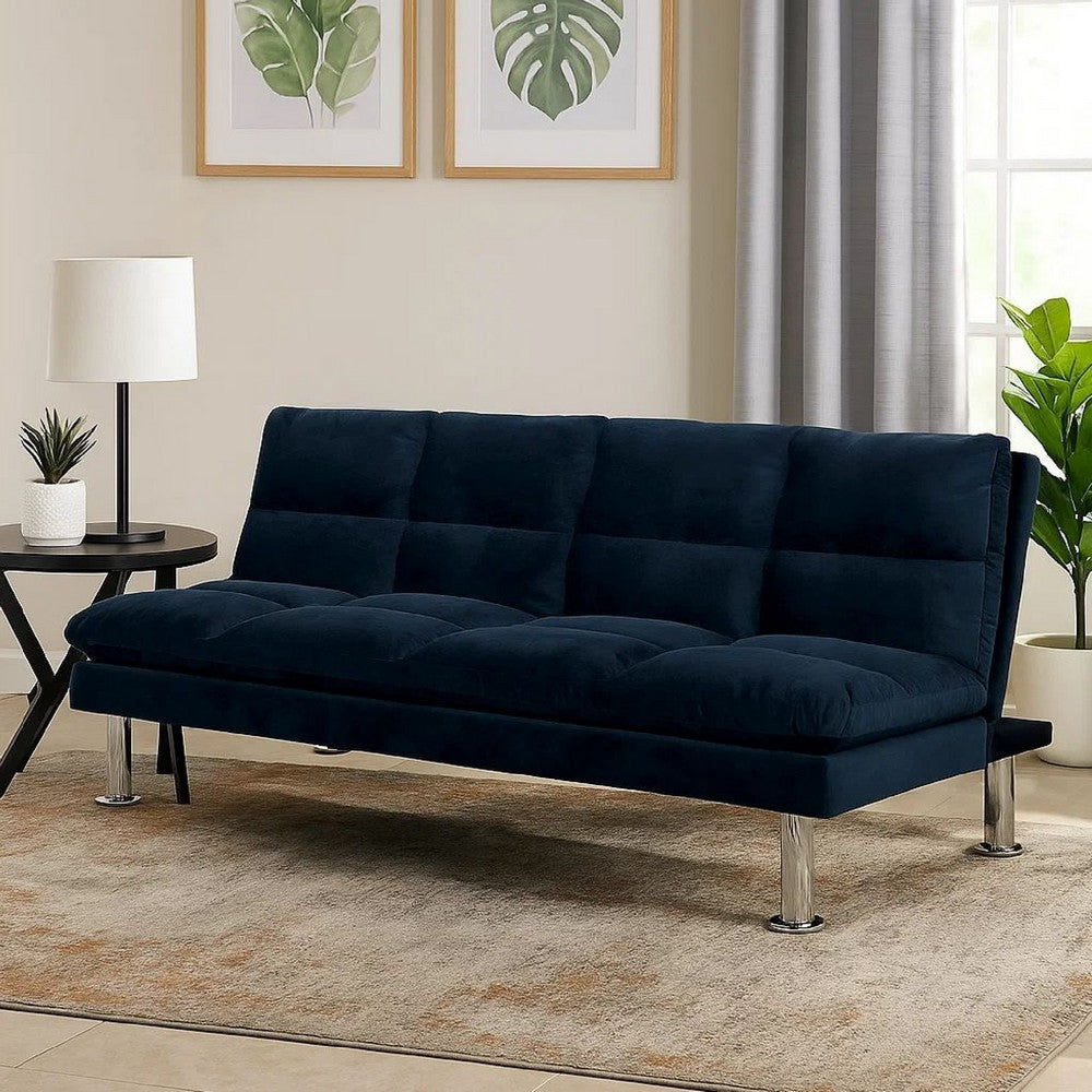 Benjara Futon Sofa With Tufted Padded Seating And Metal Legs, Blue