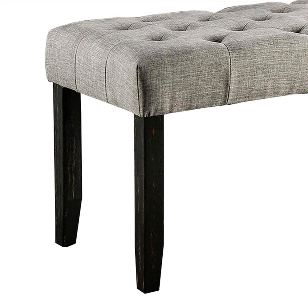 Benjara 48 Inches Bench With Tufted Seat And Chamfered Legs, Light Gray