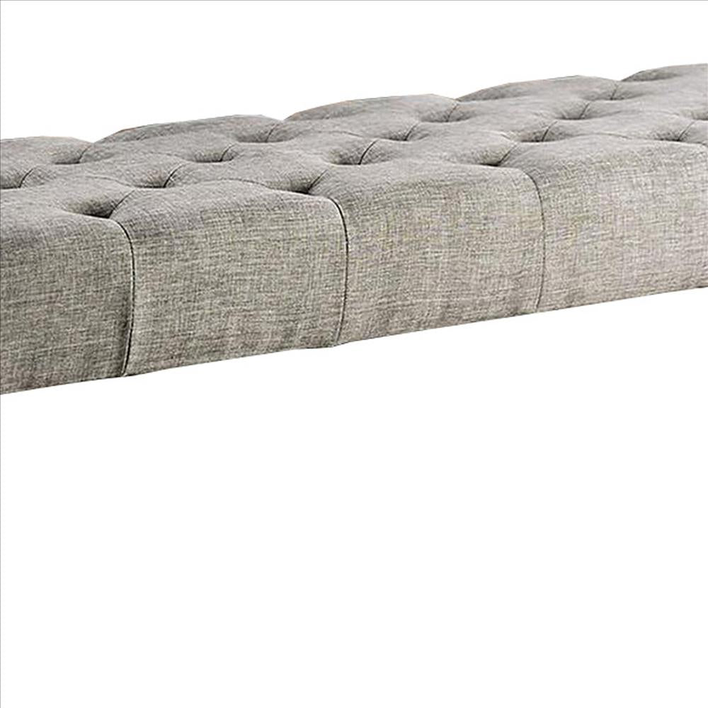 Benjara 48 Inches Bench With Tufted Seat And Chamfered Legs, Light Gray