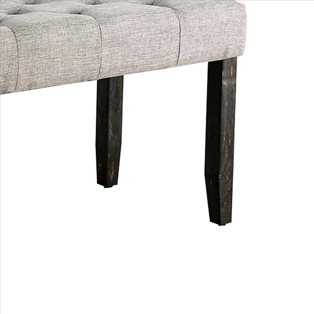 Benjara 48 Inches Bench With Tufted Seat And Chamfered Legs, Light Gray