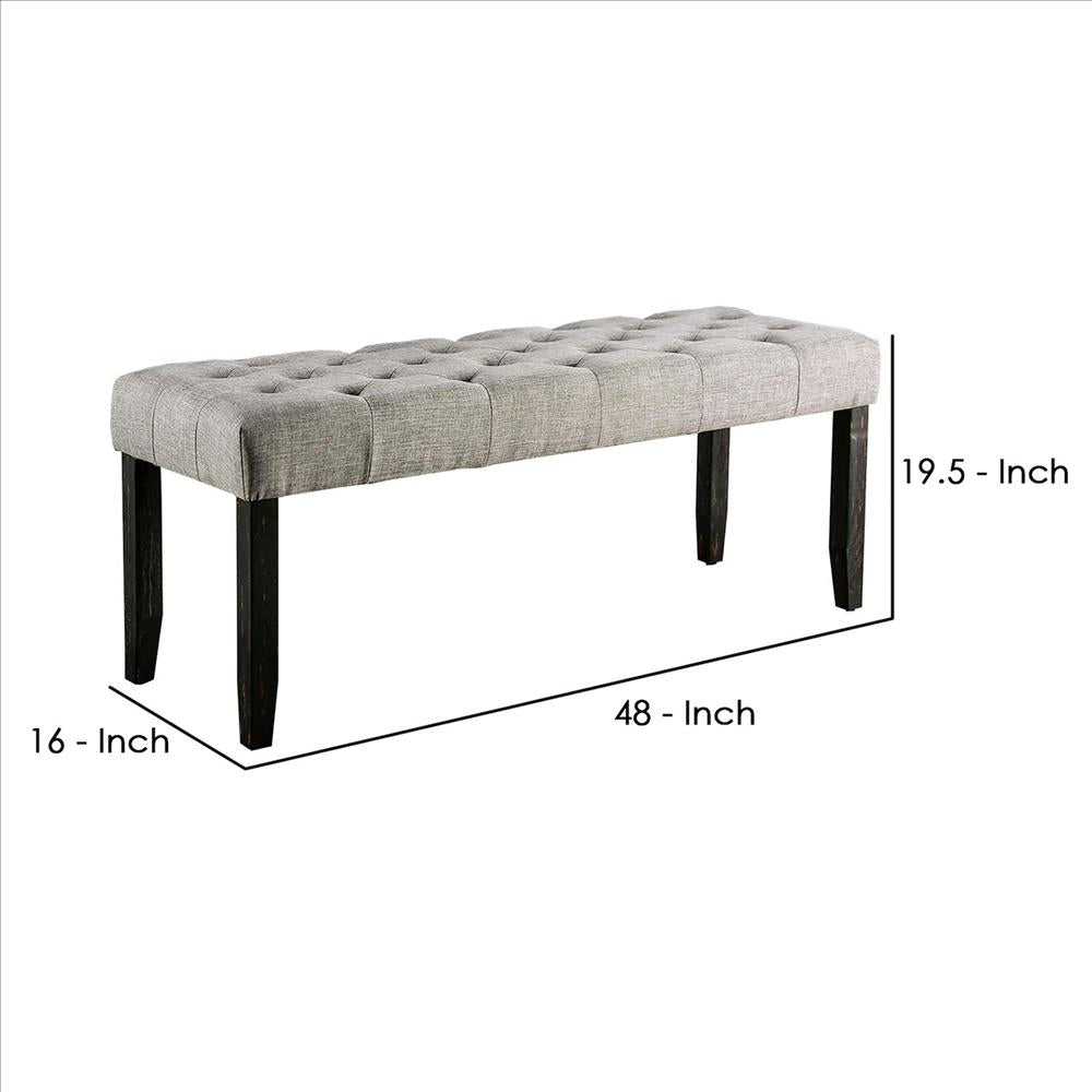 Benjara 48 Inches Bench With Tufted Seat And Chamfered Legs, Light Gray