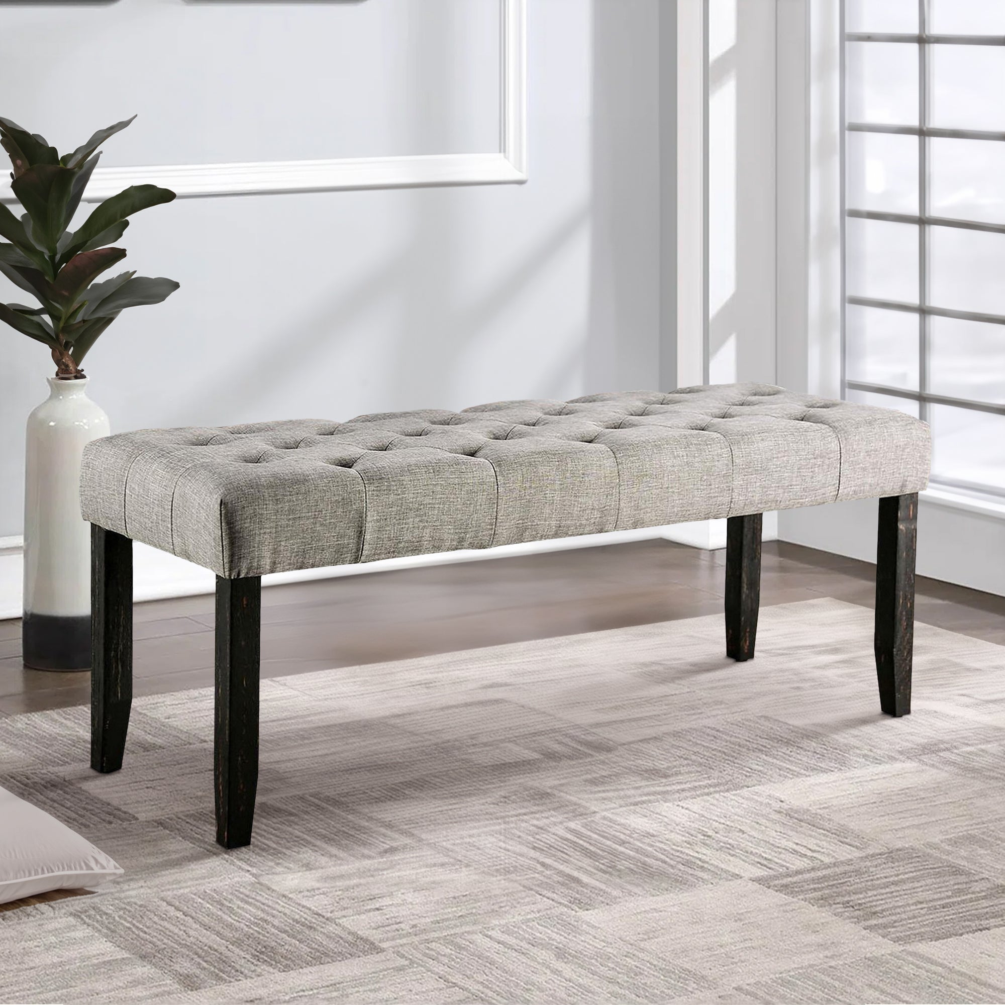 Benjara 48 Inches Bench With Tufted Seat And Chamfered Legs, Light Gray