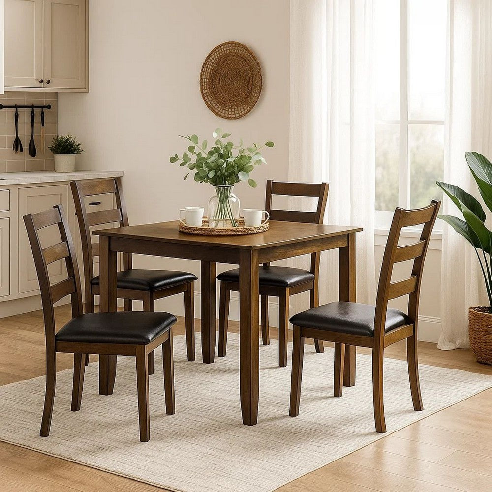 Benjara 5 Piece Dining Table Set With Leatherette Seating, Brown