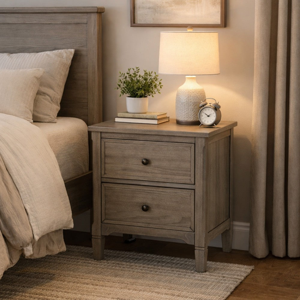 Benjara 2 Drawer Wooden Nightstand with Round Knobs, Gray