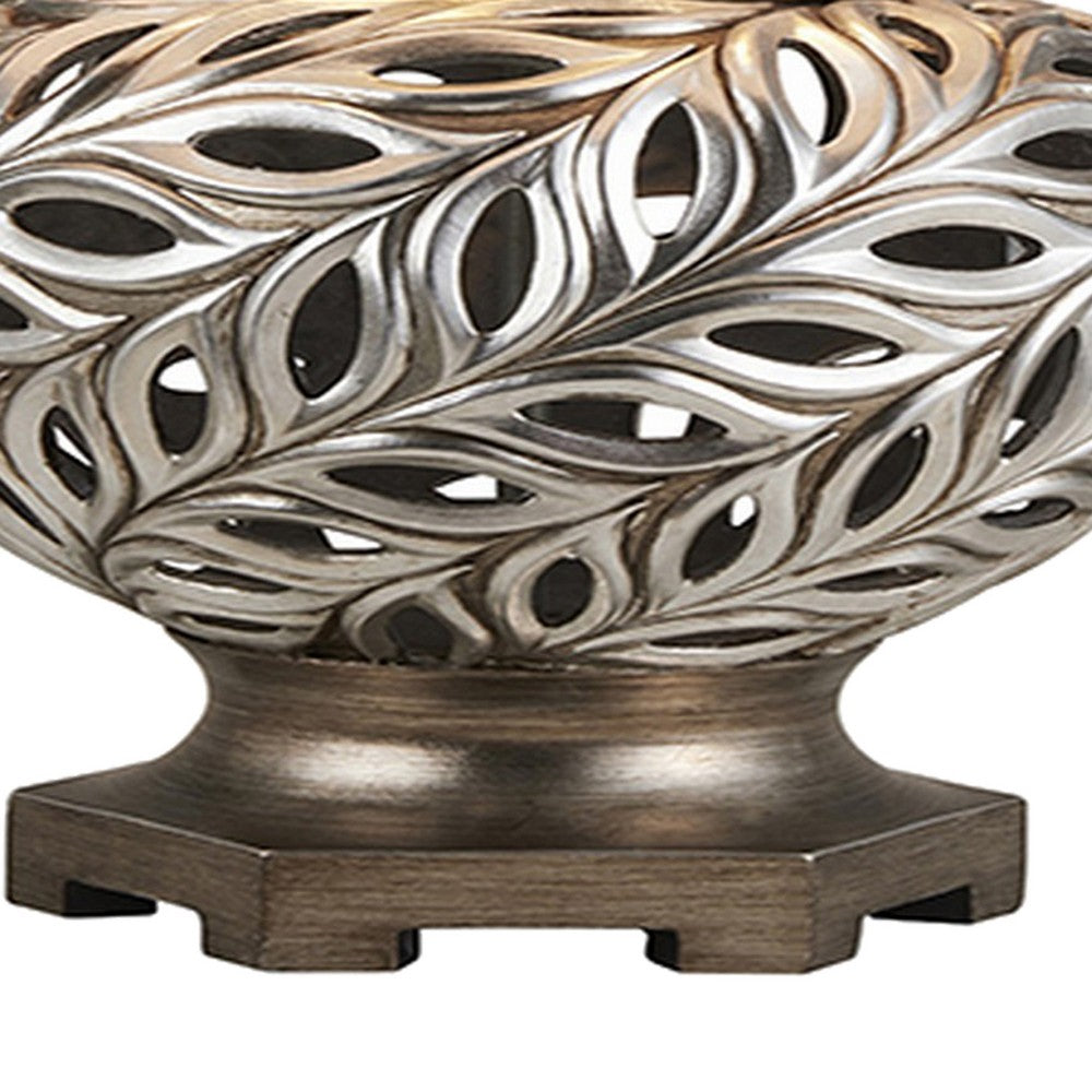 Benjara Table Lamp with Scrolled Peacock Feather Cutout Base, Silver