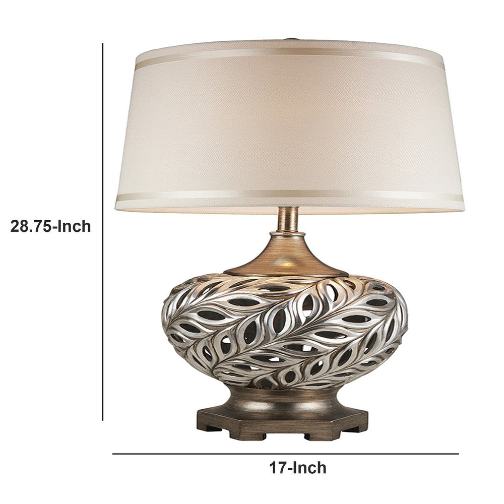 Benjara Table Lamp with Scrolled Peacock Feather Cutout Base, Silver