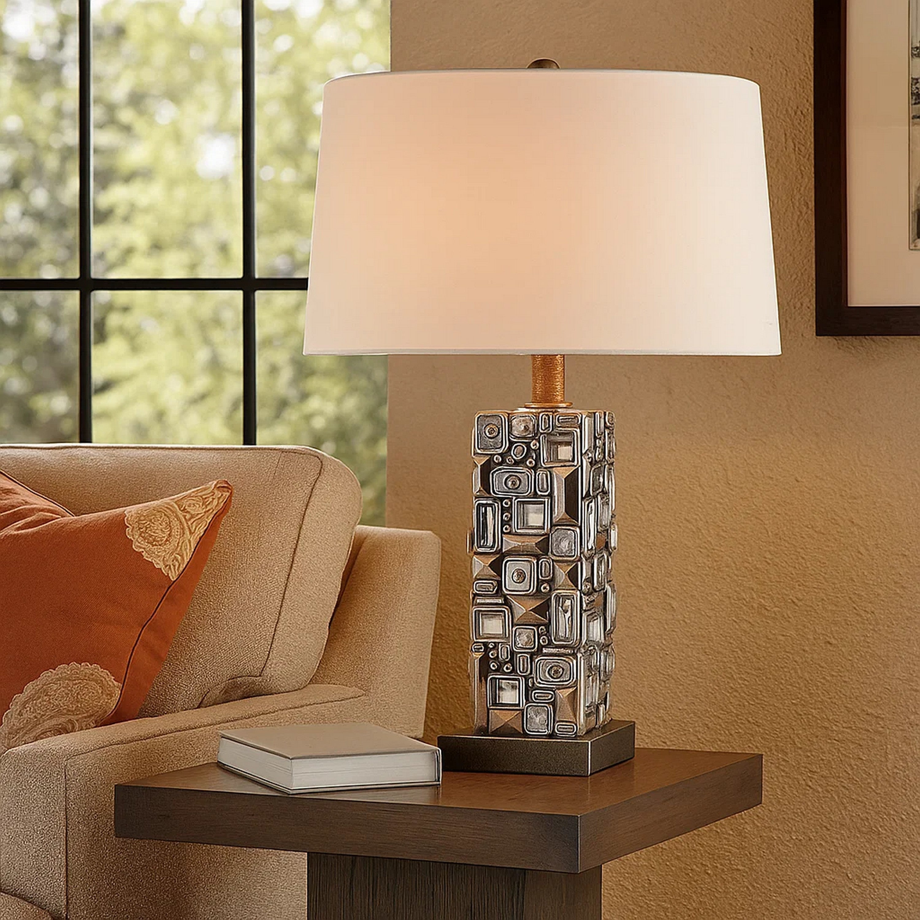 Benjara Table Lamp with Abstract Mirror Block Base, Bronze