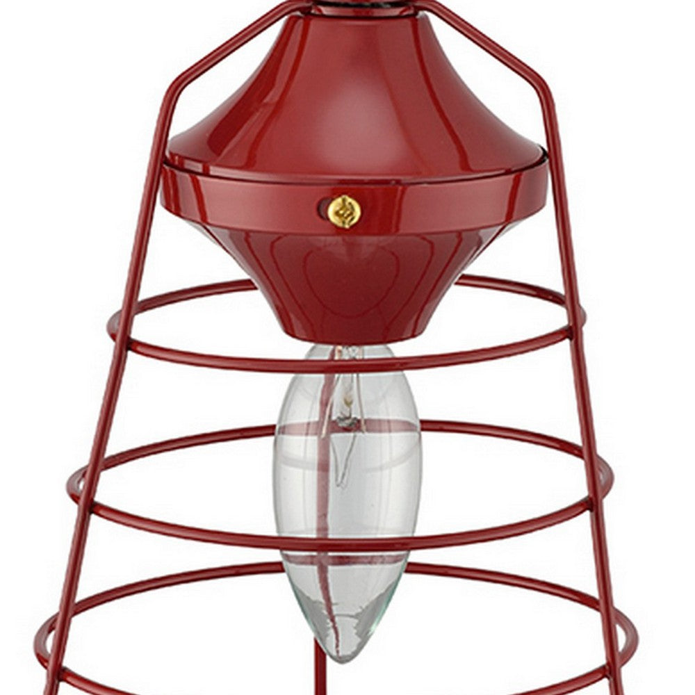 Benjara Lantern Table Lamp with Open Metal Frame, Red