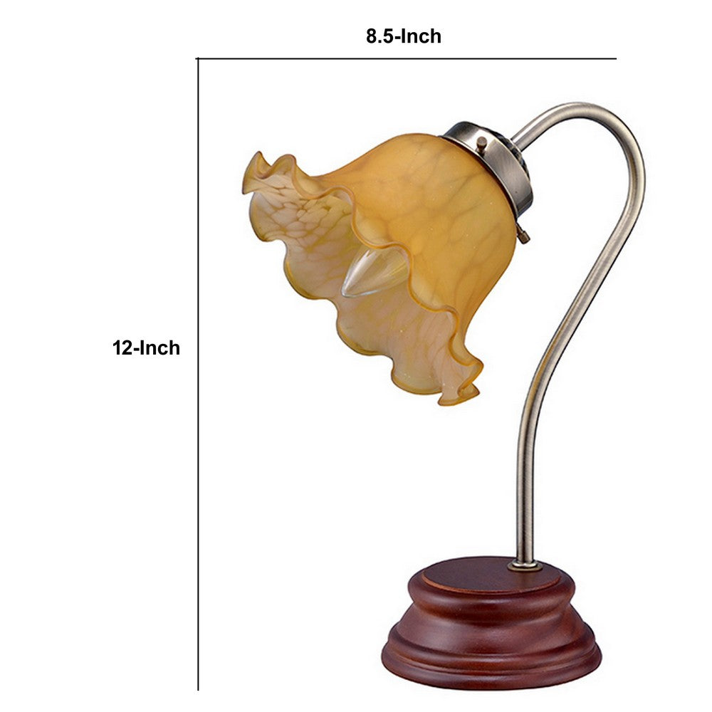 Benjara Table Lamp with Gooseneck And Floral Shade, Brown And Yellow