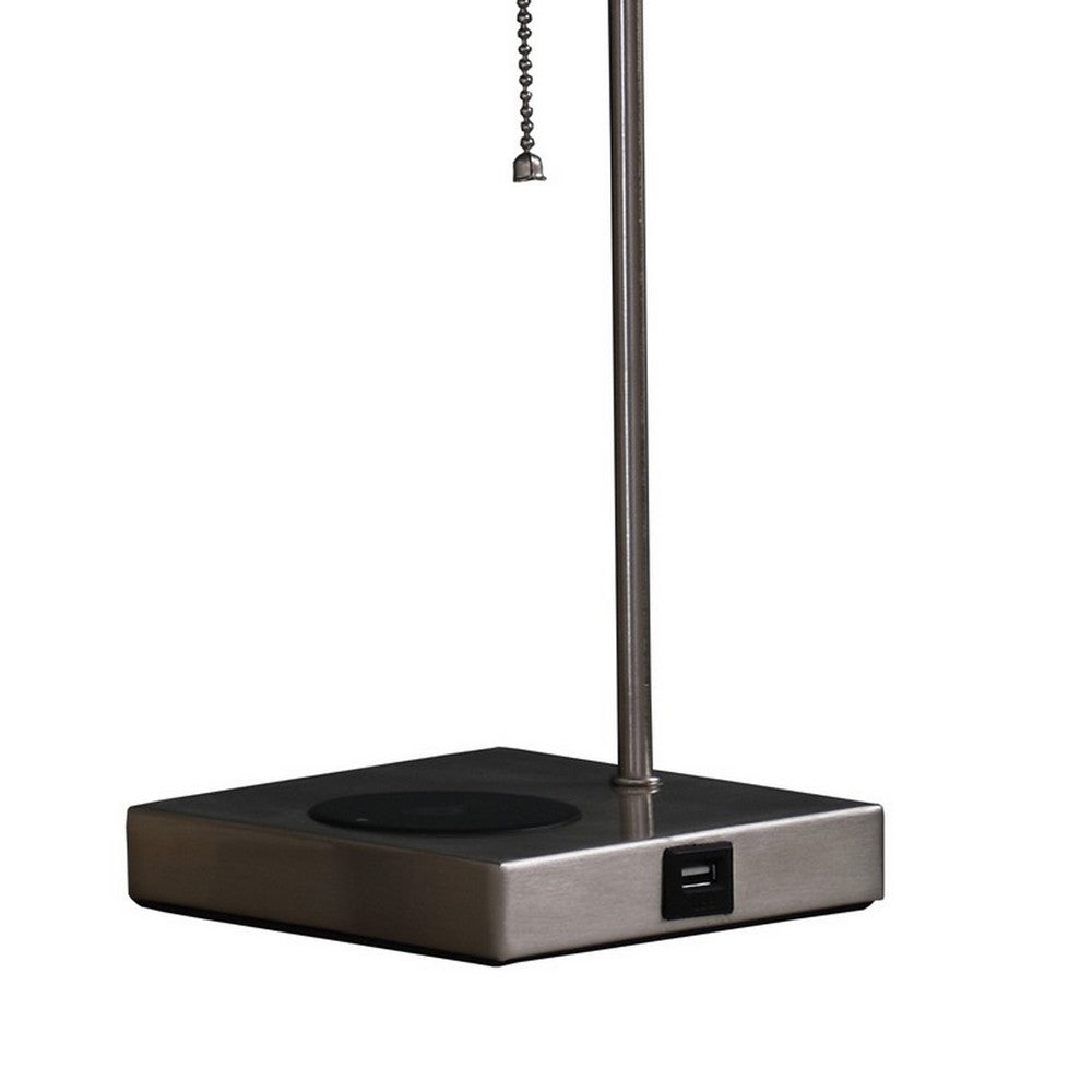 Benjara Table Lamp with Wireless Charging And Square Shade, Silver