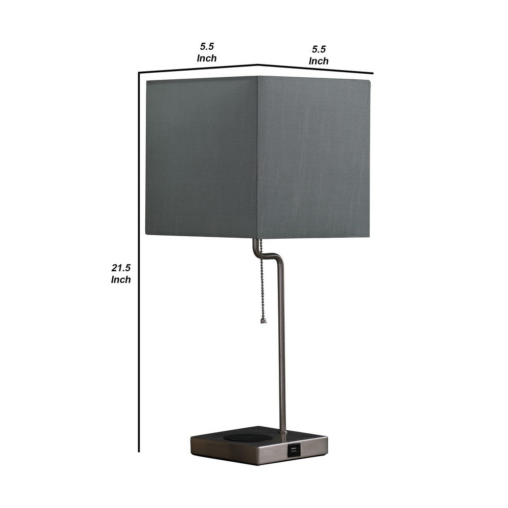 Benjara Table Lamp with Wireless Charging And Square Shade, Silver