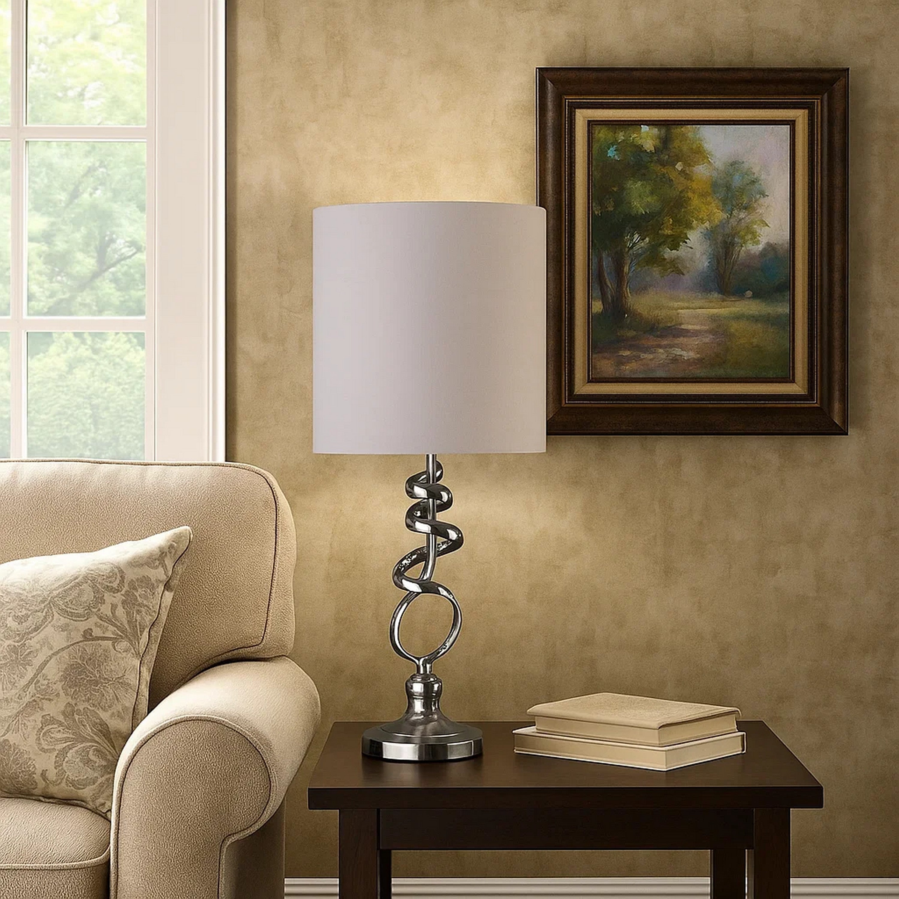 Benjara Table Lamp with Curved Abstract Metal Base, Silver