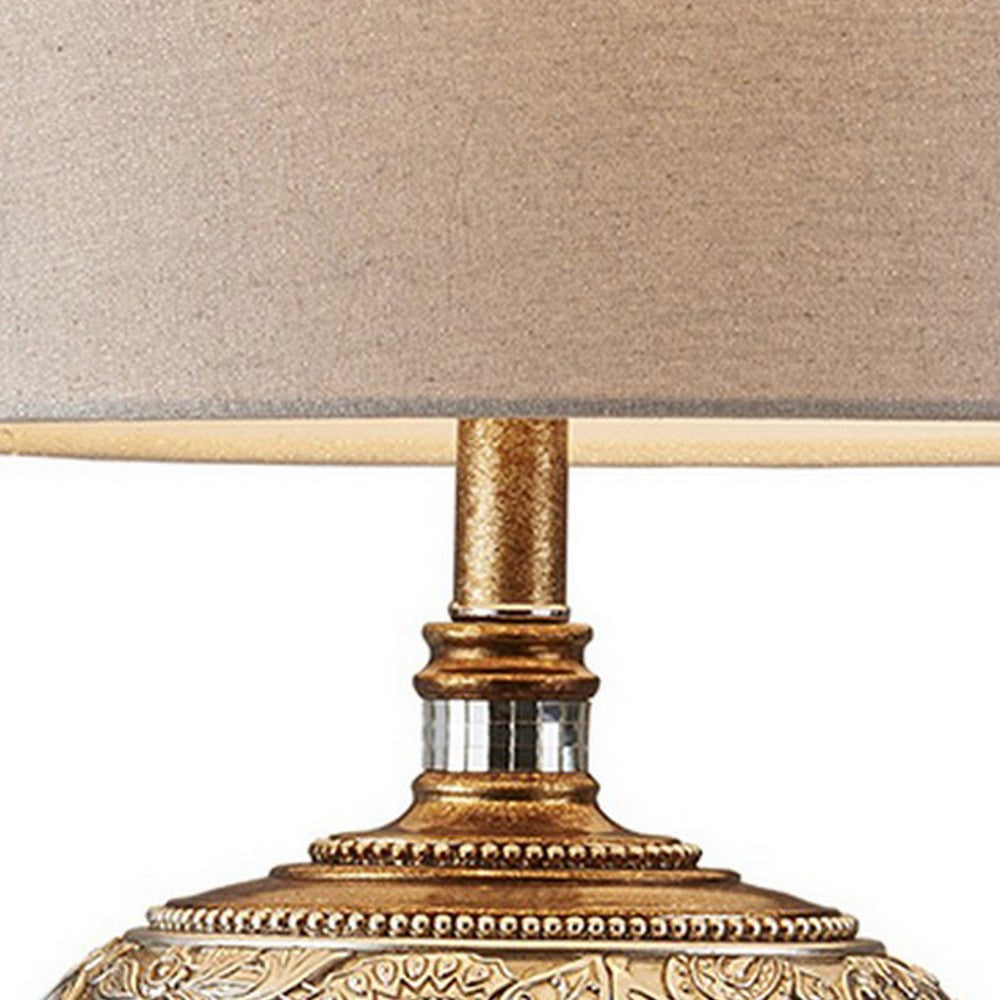 Benjara Table Lamp, Polyresin Floral Body, Fabric Shade, Silver, Gold
