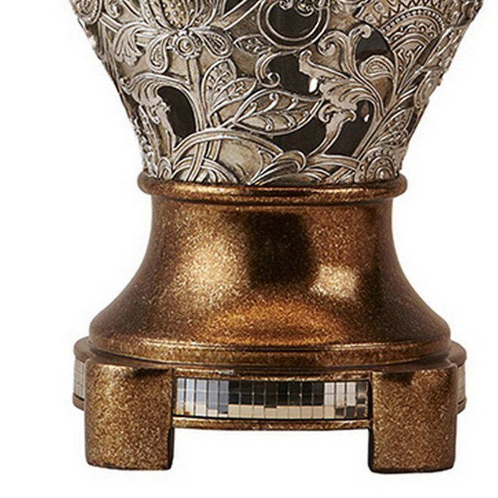 Benjara Table Lamp, Polyresin Floral Body, Fabric Shade, Silver, Gold