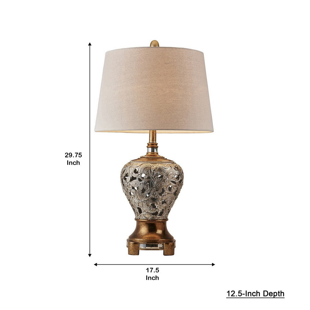Benjara Table Lamp, Polyresin Floral Body, Fabric Shade, Silver, Gold