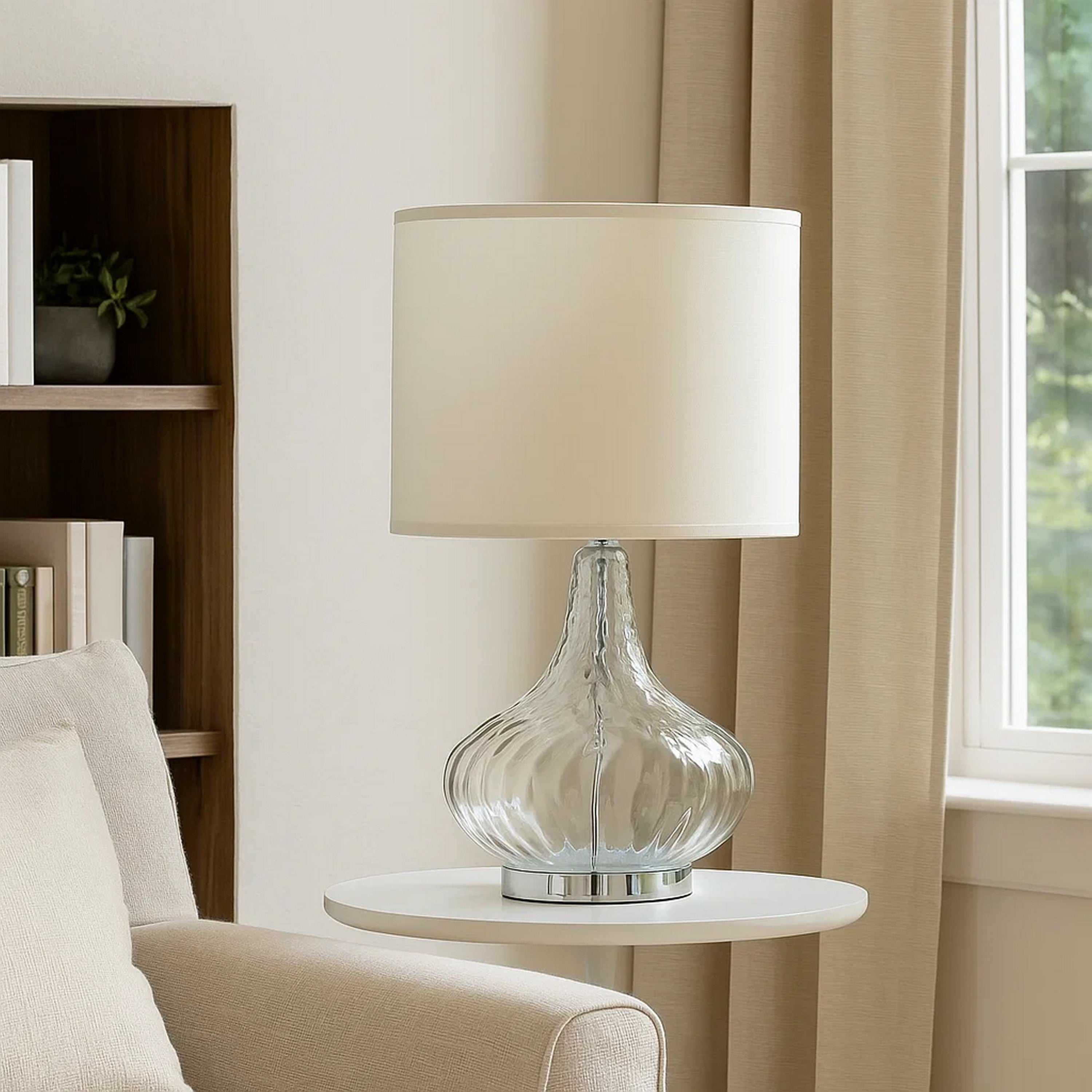 Benjara Table Lamp with Pot Bellied Glass Body, Clear And White
