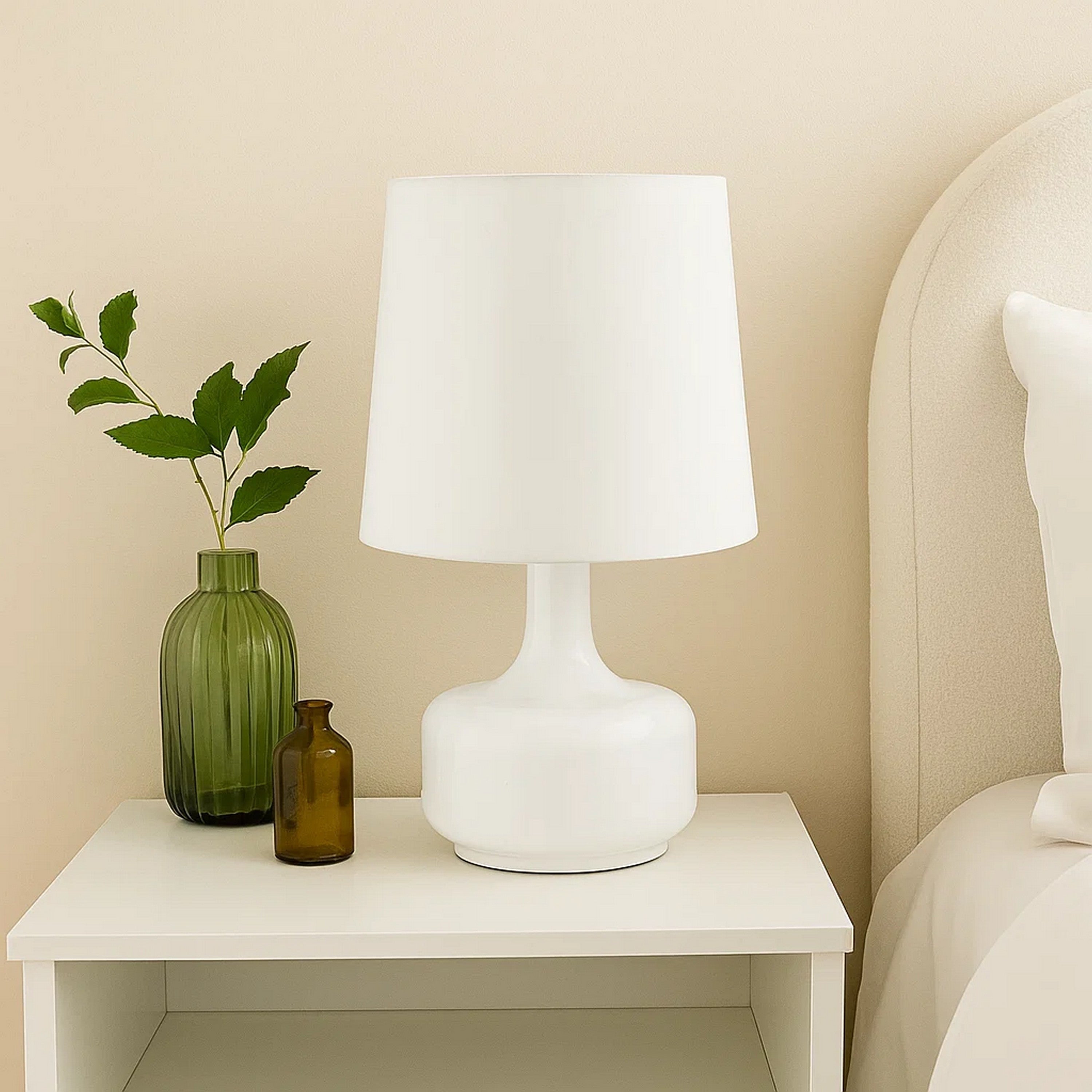 Benjara Table Lamp with Teardrop Metal Base And Fabric Shade, White