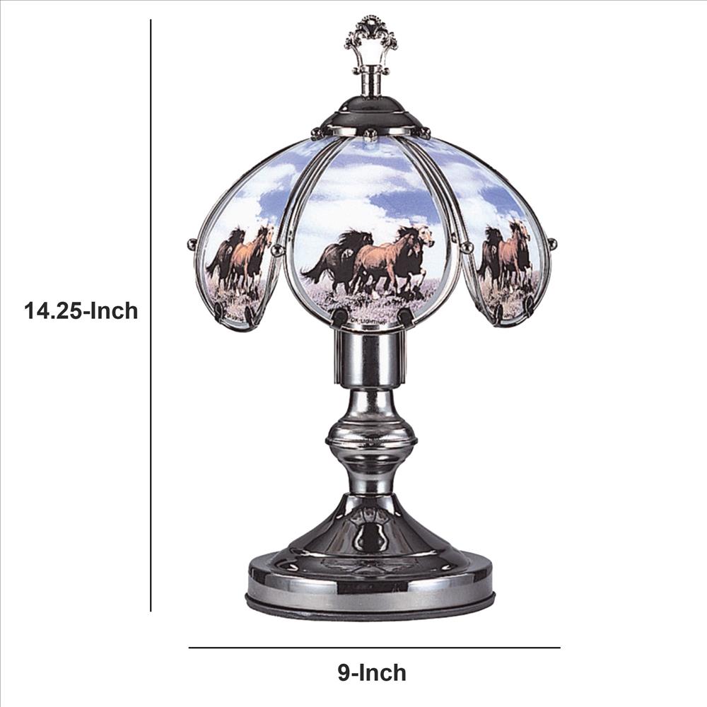Benjara 14.25'' Umbrella Shade Glass Table Lamp with Running Horses Print, Silver