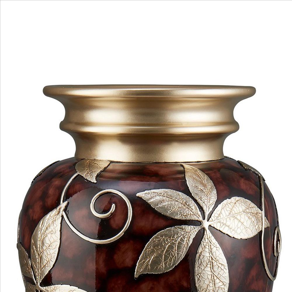 Benjara Decor Vase with Urn Shape Body And Foliage Pattern, Brown
