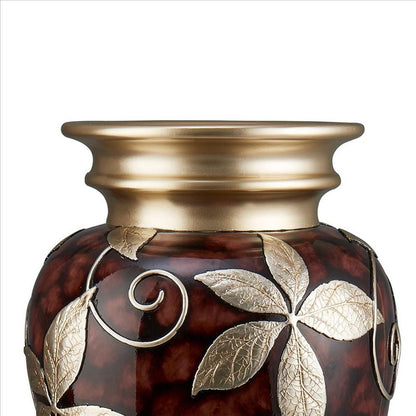 Benjara Decor Vase with Urn Shape Body And Foliage Pattern, Brown