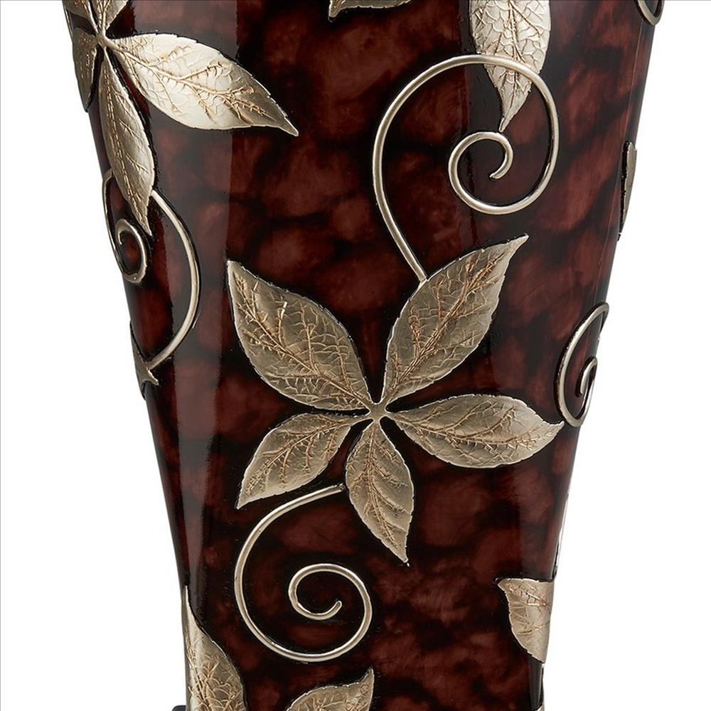 Benjara Decor Vase with Urn Shape Body And Foliage Pattern, Brown