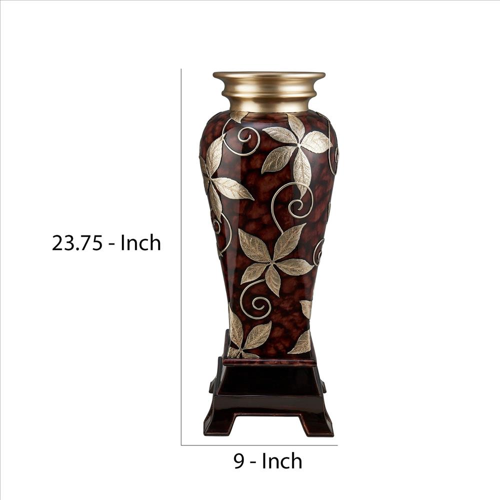 Benjara Decor Vase with Urn Shape Body And Foliage Pattern, Brown