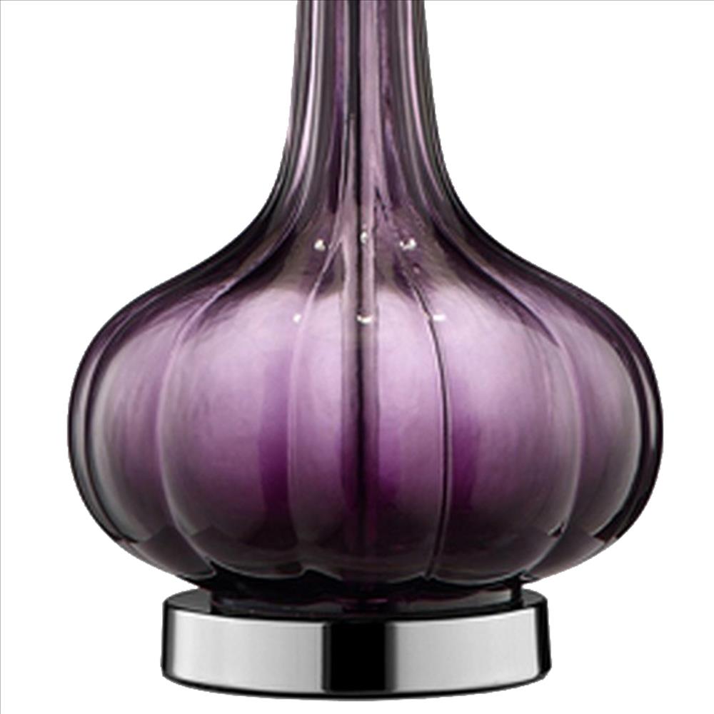 Benjara Onion Shaped Body Glass Table Lamp with Tapered Shade, Purple