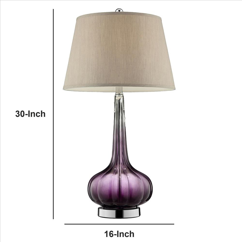 Benjara Onion Shaped Body Glass Table Lamp with Tapered Shade, Purple