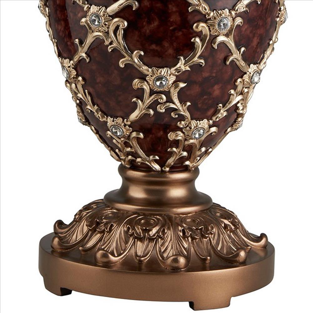 Benjara Polyresin Urn Shaped Table Lamp with Diamond Stencils Pattern, Brown