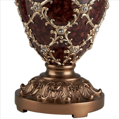 Benjara Polyresin Urn Shaped Table Lamp with Diamond Stencils Pattern, Brown