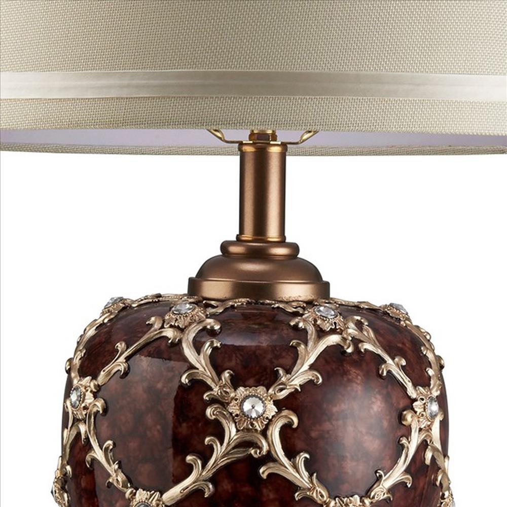 Benjara Polyresin Urn Shaped Table Lamp with Diamond Stencils Pattern, Brown